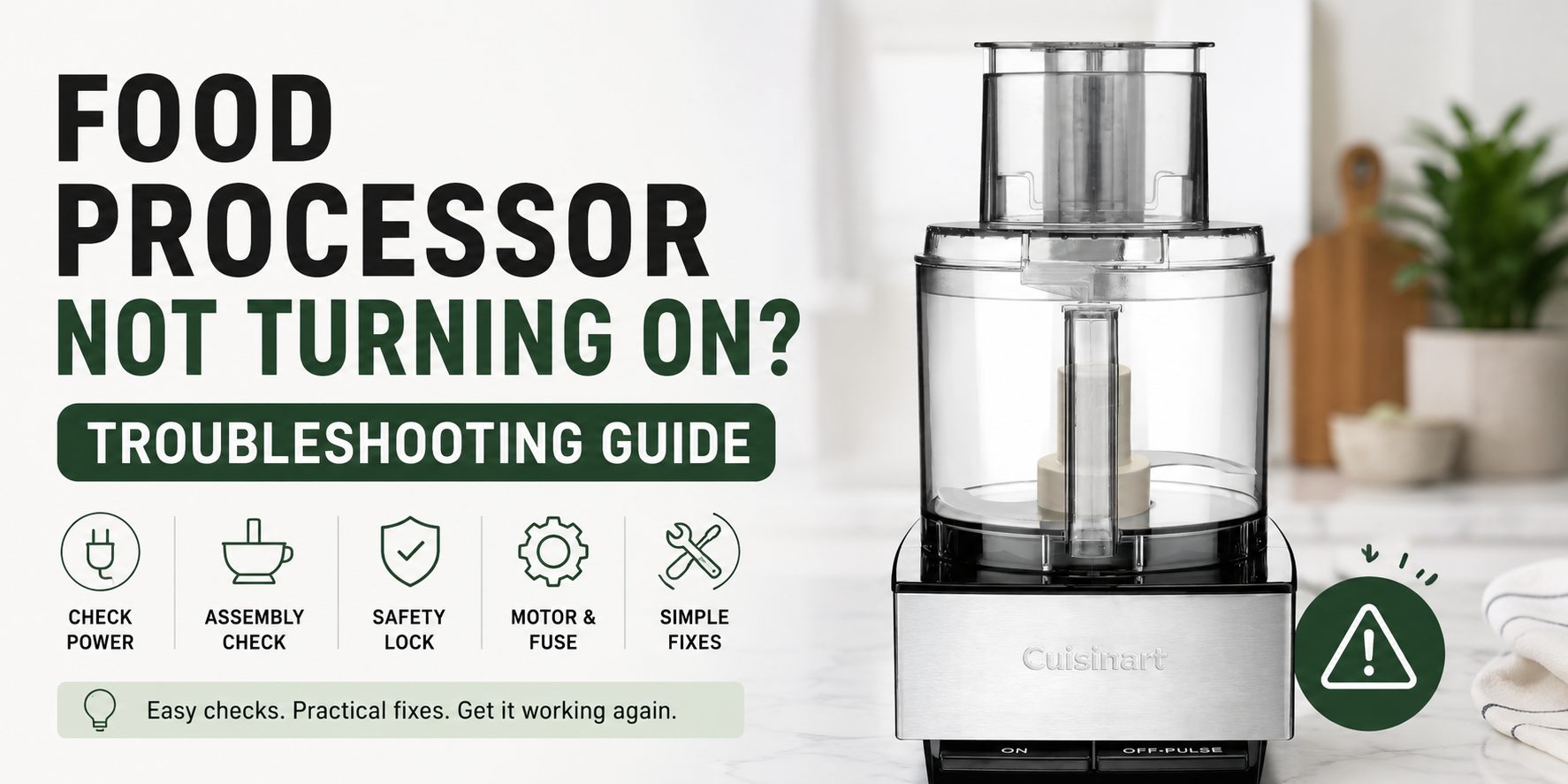A white food processor on a kitchen counter with its bowl and lid partially assembled, illustrating a troubleshooting check.