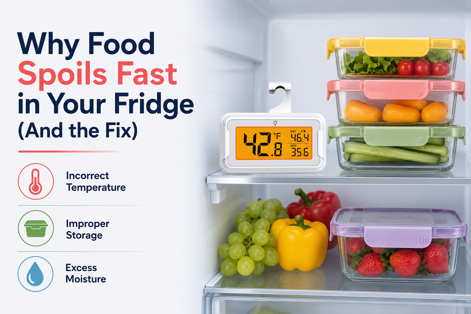 An organized refrigerator interior with a digital thermometer, glass storage containers, produce savers, and labeled bins arranged neatly on the shelves.