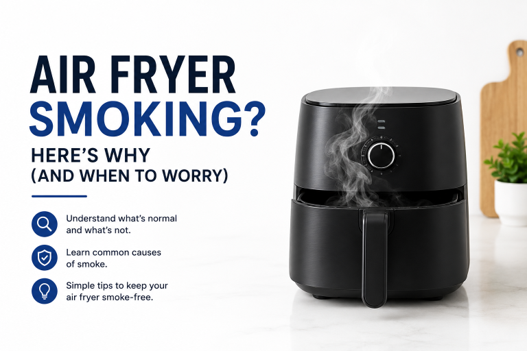 A modern air fryer on a white countertop with a faint wisp of smoke rising from the basket, next to a cleaning brush and grease-catching liner, navy and yellow accents.