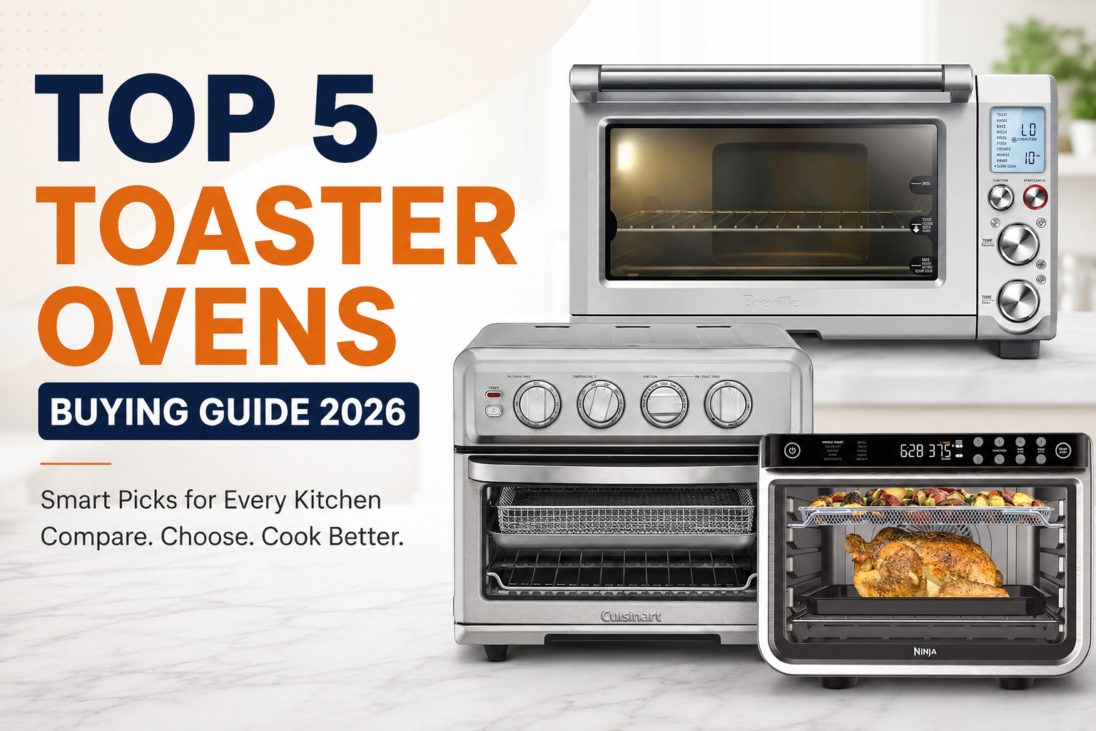 Five modern countertop toaster ovens, including stainless steel and compact models, arranged on a clean white kitchen counter with soft shadows.