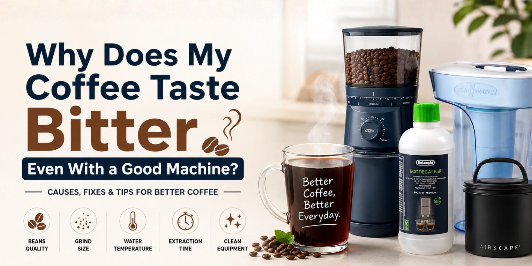 A cup of coffee next to a burr grinder and coffee beans on a white kitchen counter, illustrating causes of bitter-tasting coffee.