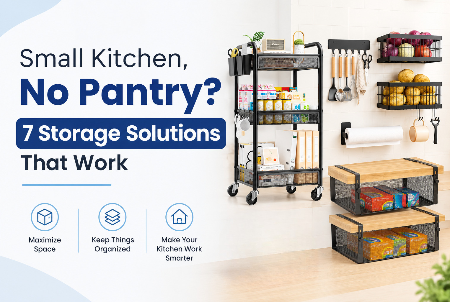 A small kitchen counter with a rolling storage cart, stacked clear food containers, and an over-the-door organizer arranged neatly against a white background.