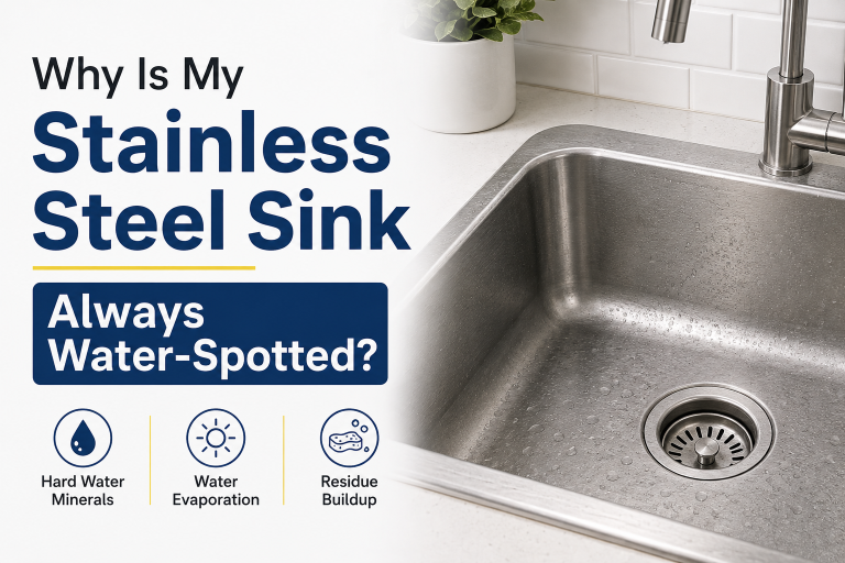 A stainless steel kitchen sink being dried with a microfiber cloth, with a stainless steel cleaner spray and squeegee arranged neatly beside it.