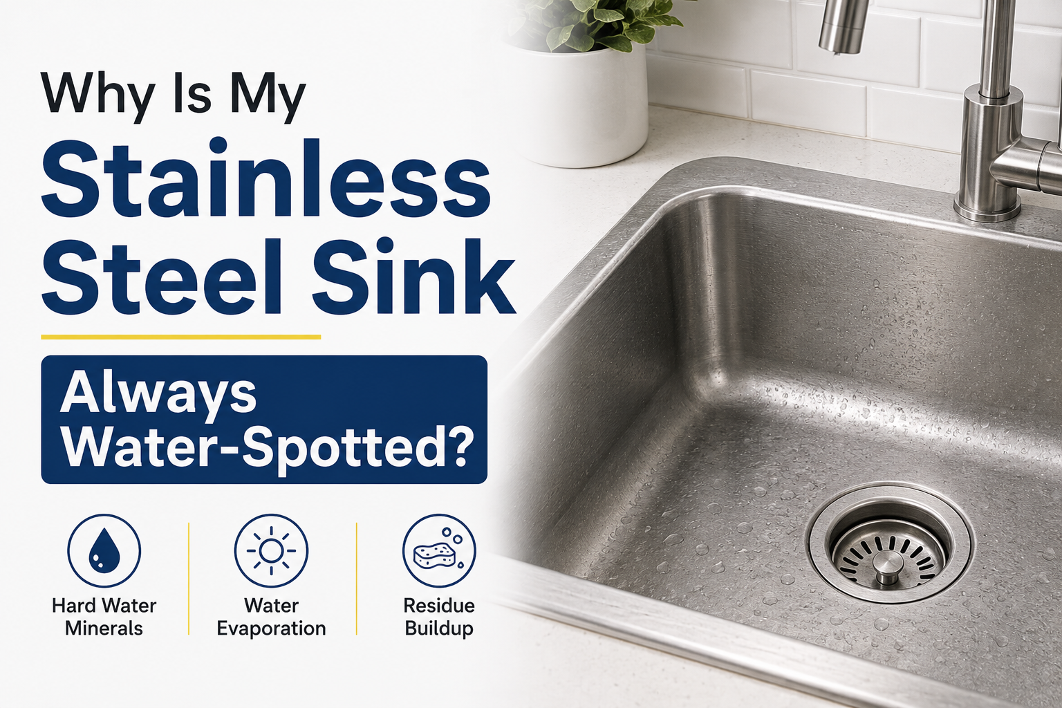 A stainless steel kitchen sink being dried with a microfiber cloth, with a stainless steel cleaner spray and squeegee arranged neatly beside it.